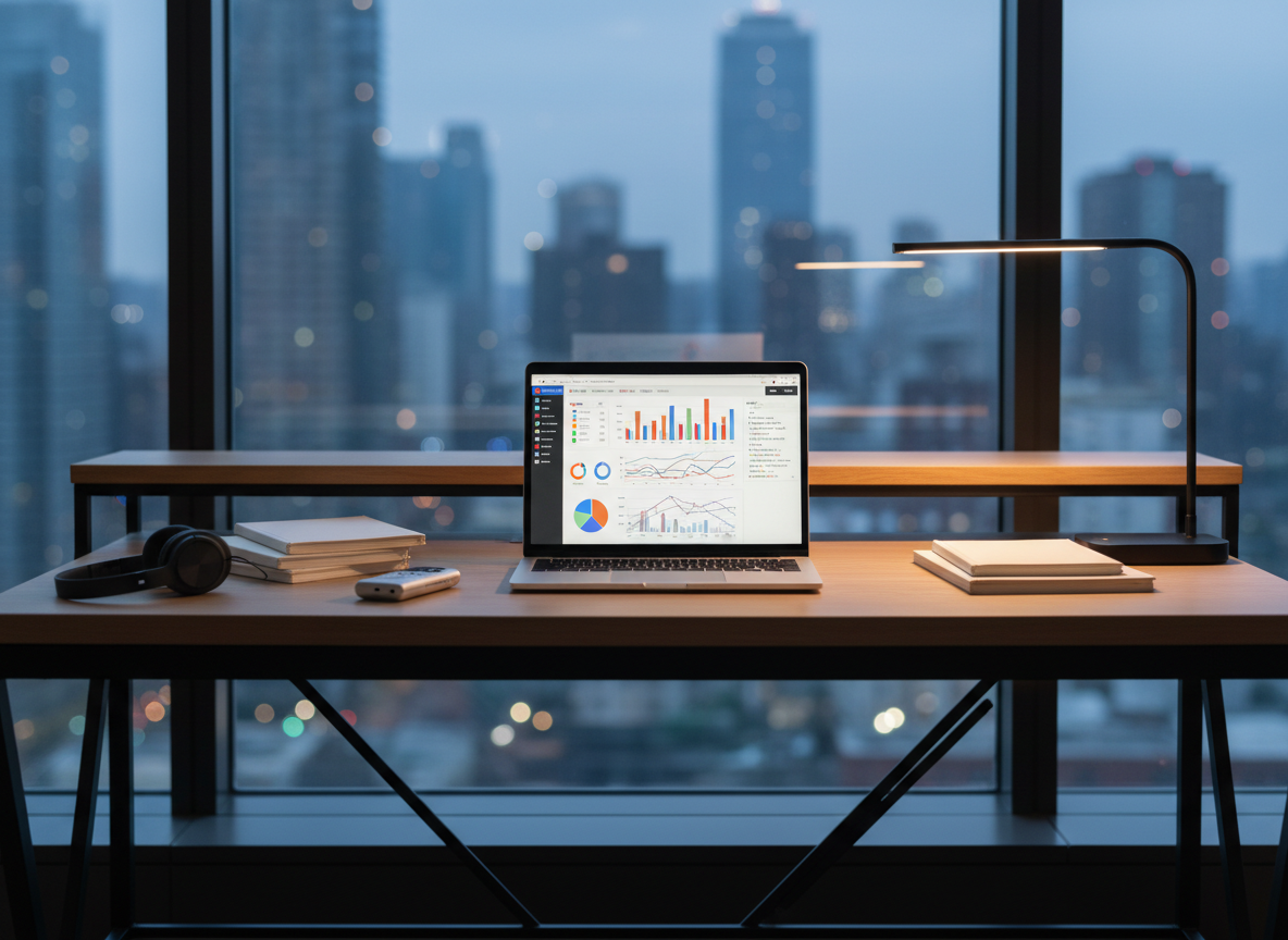 A sleek, ultra-modern newsroom desk made of matte black metal and light oak, topped with an open laptop showing a blurred news analytics dashboard filled with colorful charts and AI-generated story leads. Surrounding the laptop are neatly stacked notebooks, a digital voice recorder, and a pair of over-ear headphones resting on the corner. The desk sits near a large window overlooking a softly out-of-focus city skyline at dusk. Cool, diffused natural light mixes with the warm glow of a minimalist desk lamp, creating gentle reflections on the laptop screen. Photographic realism, eye-level composition with shallow depth of field, calm yet focused mood, emphasizing a clean and modern workspace where AI quietly supports journalism.